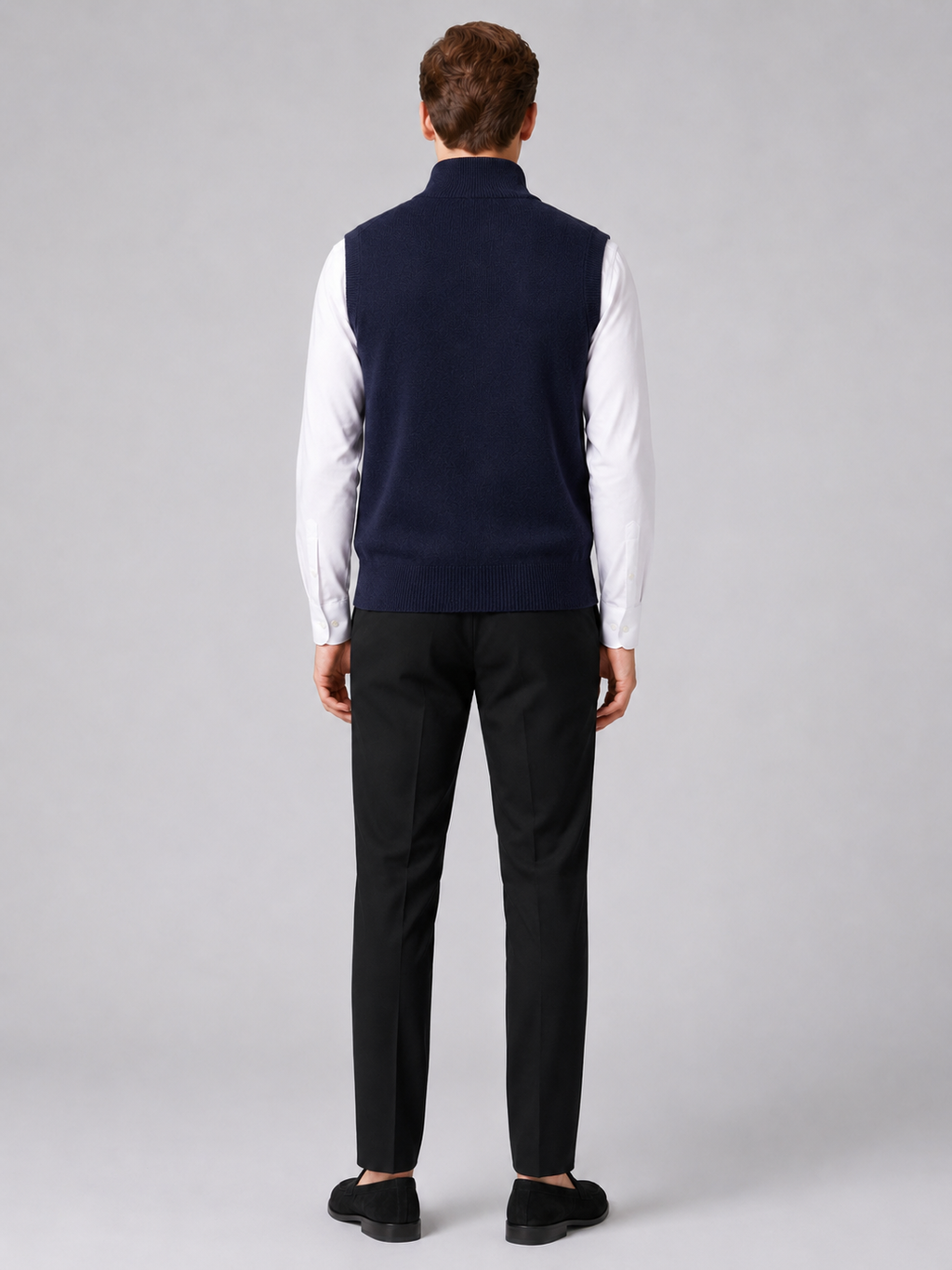Men’s navy mock neck sweater vest comfortable sleeveless knit layer for office and casual outfits