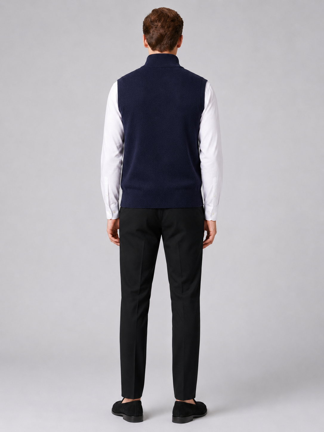 Men’s navy mock neck sweater vest comfortable sleeveless knit layer for office and casual outfits