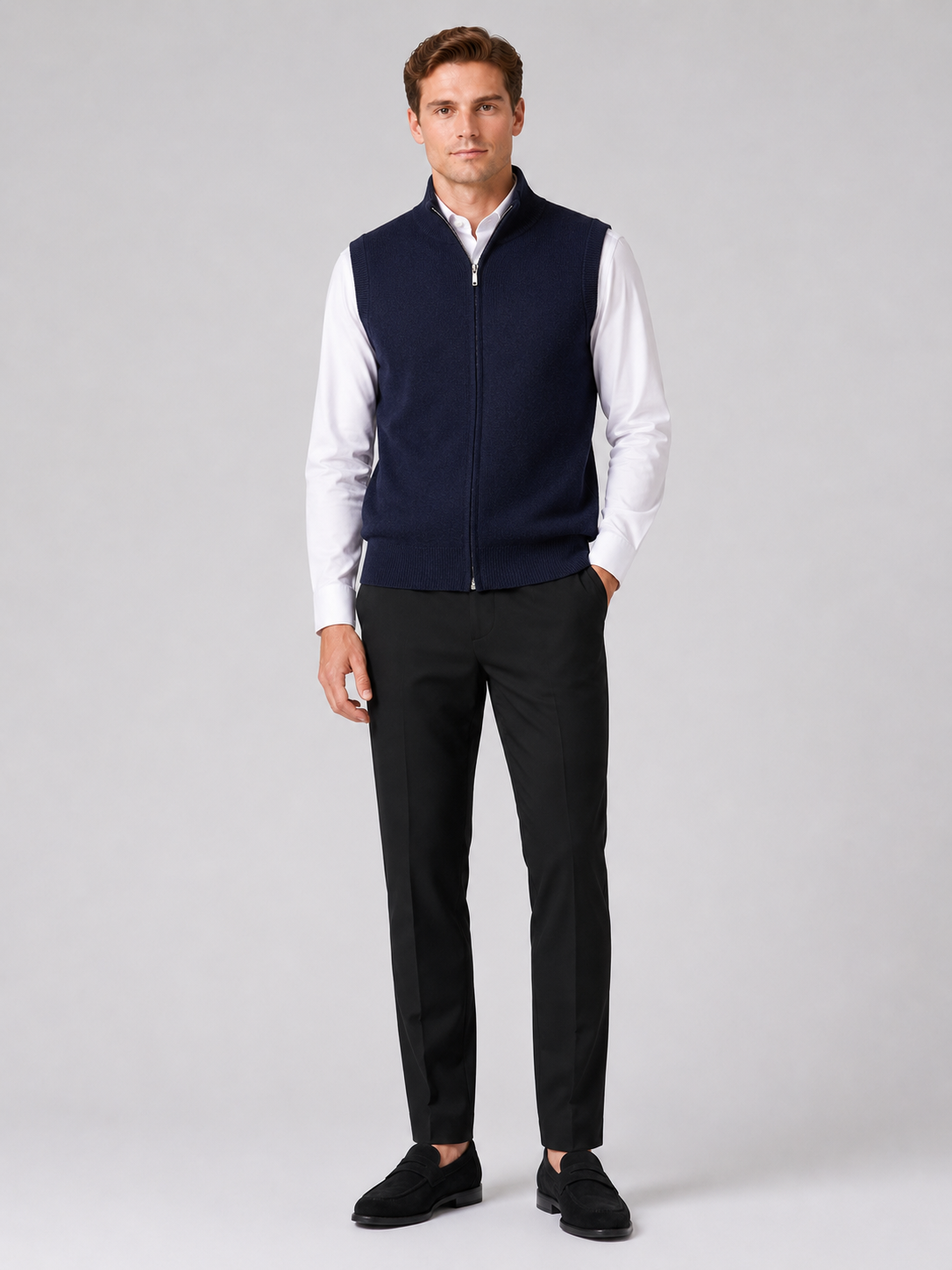 Navy full zip sweater vest for men warm knit layer for business casual and everyday wear