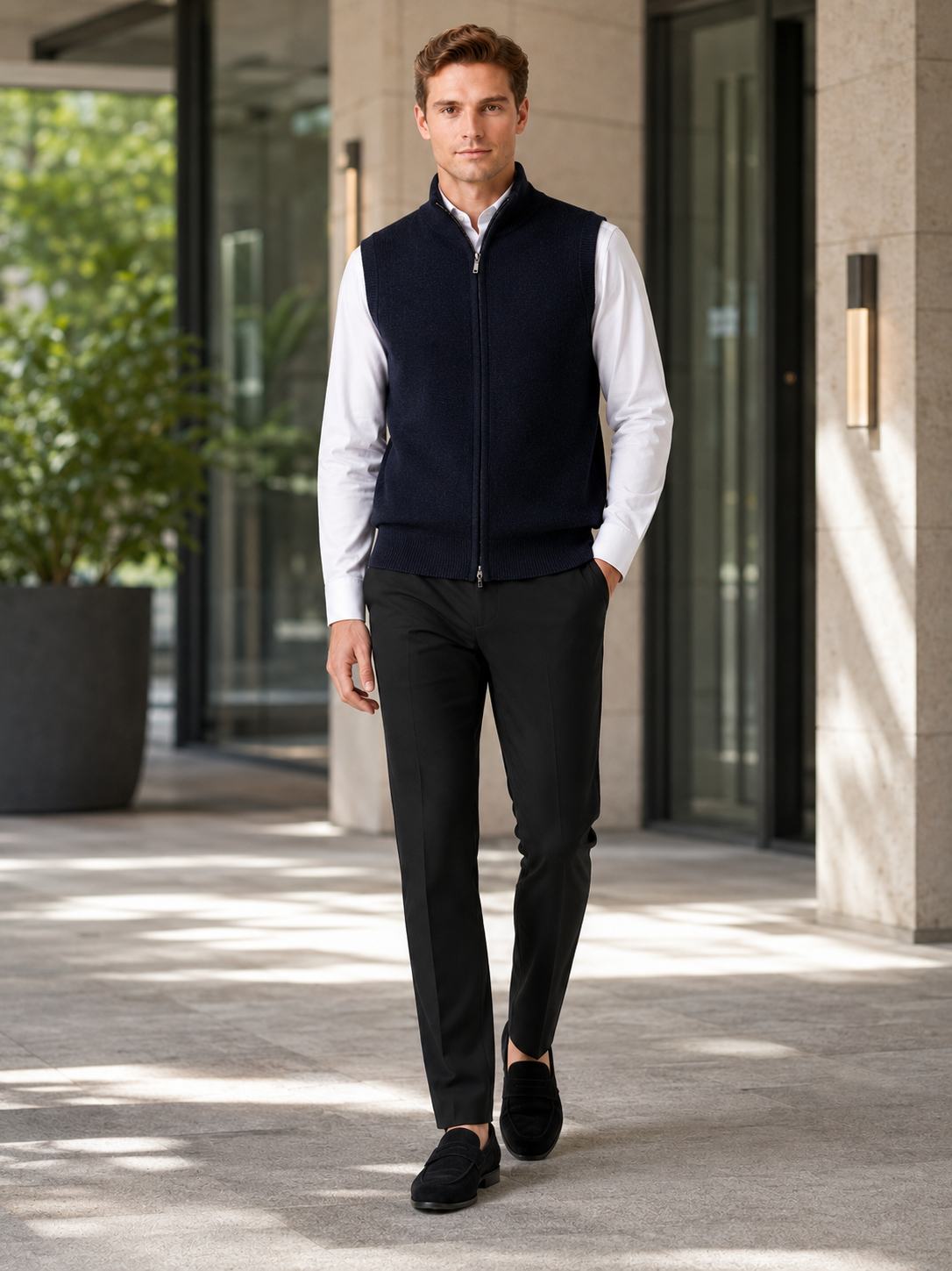 Man styling navy full zip sweater vest in a classic business casual and everyday lifestyle outfit