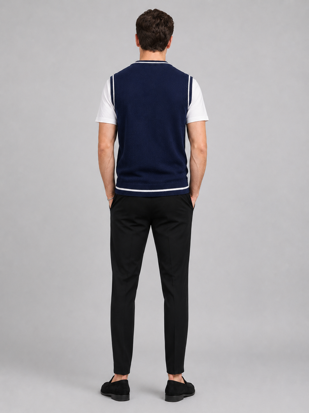 Men’s navy patchwork knit sweater vest comfortable sleeveless layer for office and smart casual outfits