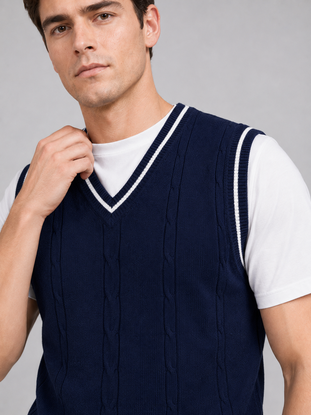 Close up of navy patchwork sweater vest showing soft knit texture and classic v neck detail