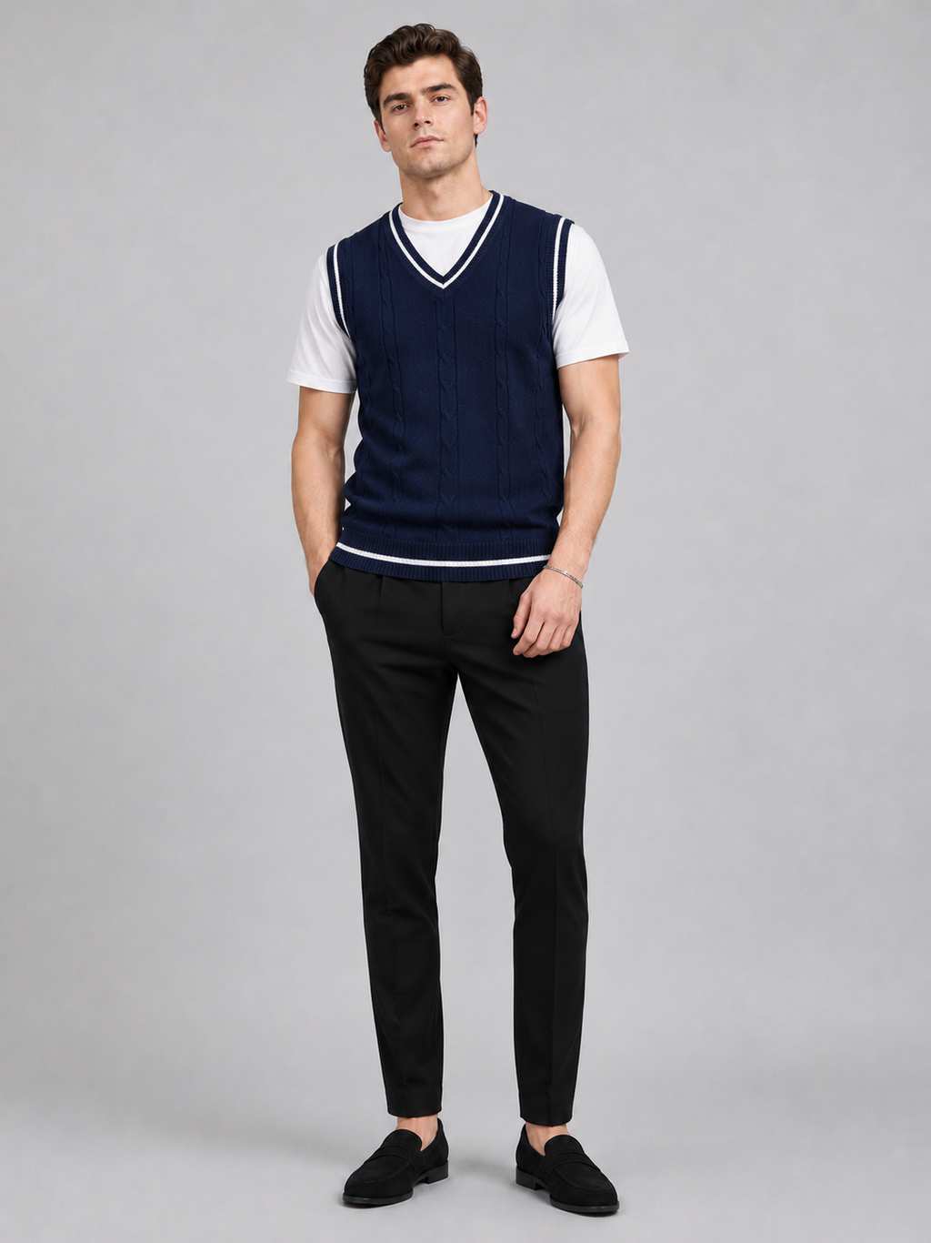 Navy v neck sweater vest for men slim fit knit layer for business casual and everyday wear