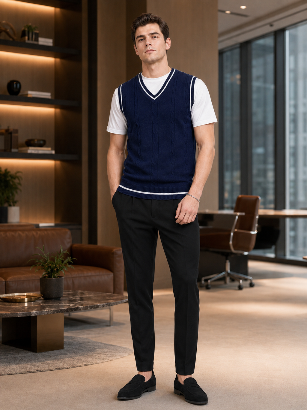 Man styling navy v neck sweater vest in a refined business casual and everyday lifestyle outfit