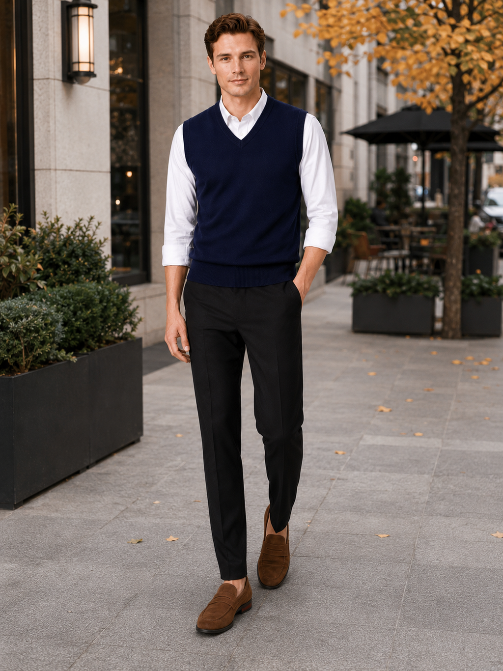 Man styling navy sweater vest in a classic business casual and everyday lifestyle outfit