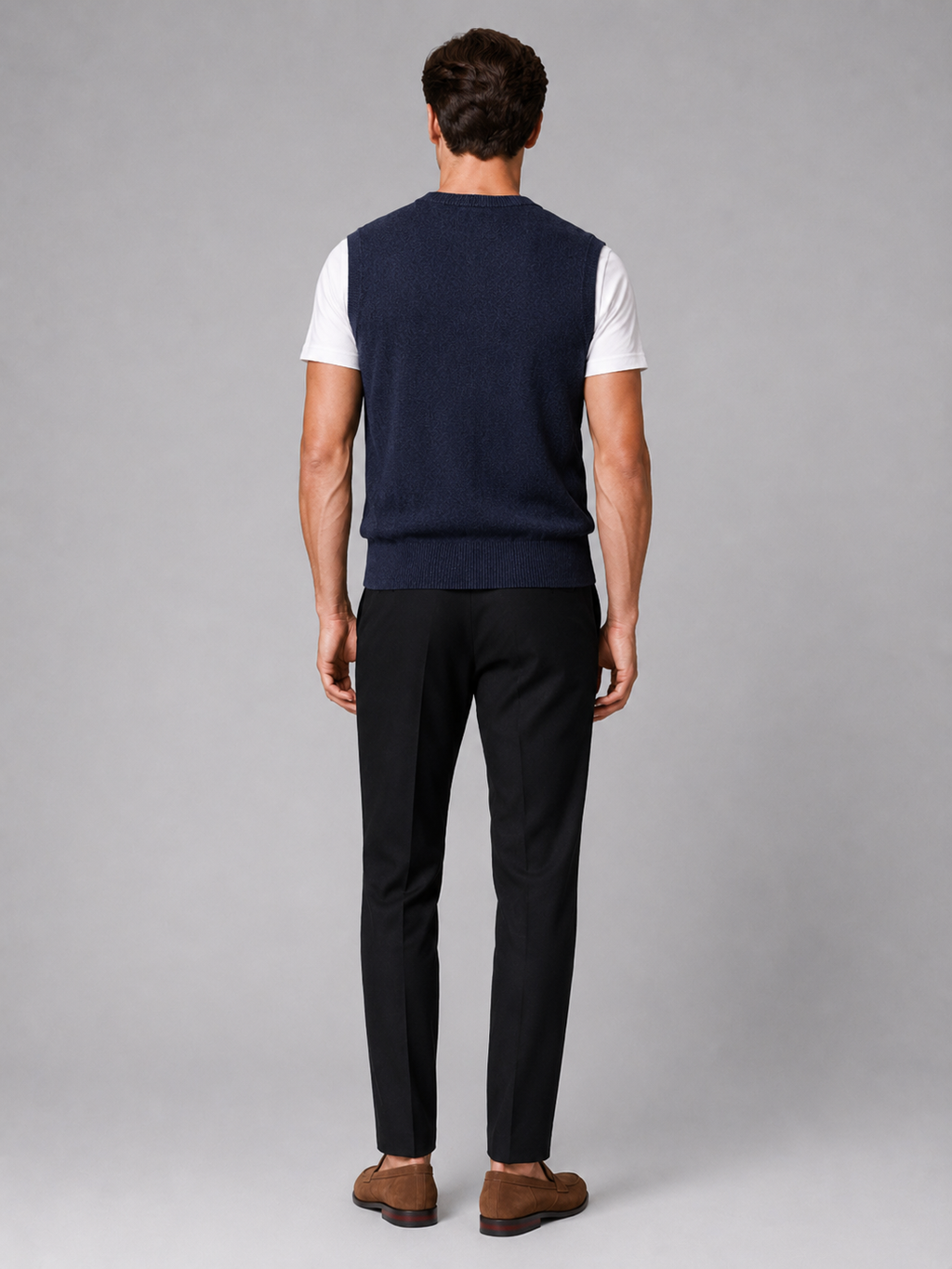 Men’s navy knit sweater vest comfortable fall winter layer for office and casual outfits
