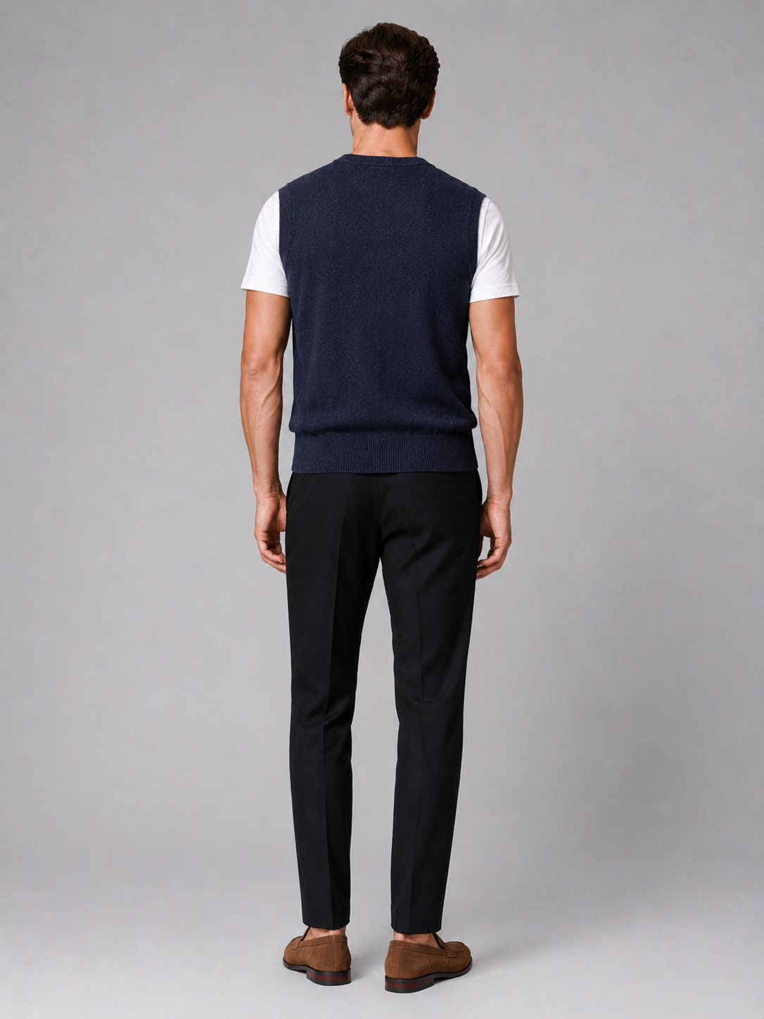 Men’s navy knit sweater vest comfortable fall winter layer for office and casual outfits