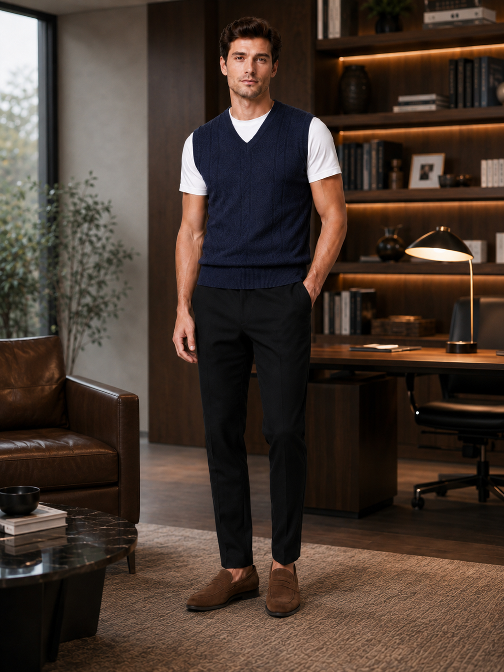 Man styling navy v neck sweater vest in a classic business casual everyday outfit