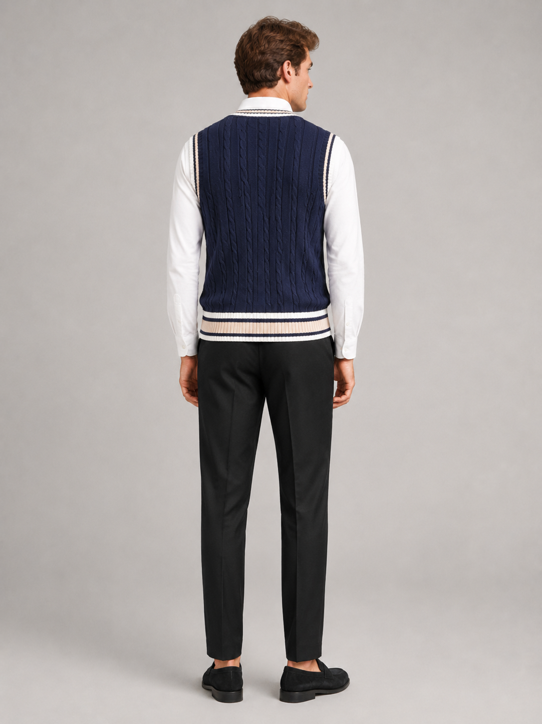 Men’s navy thick knit sweater vest comfortable preppy layer for casual and smart casual outfits