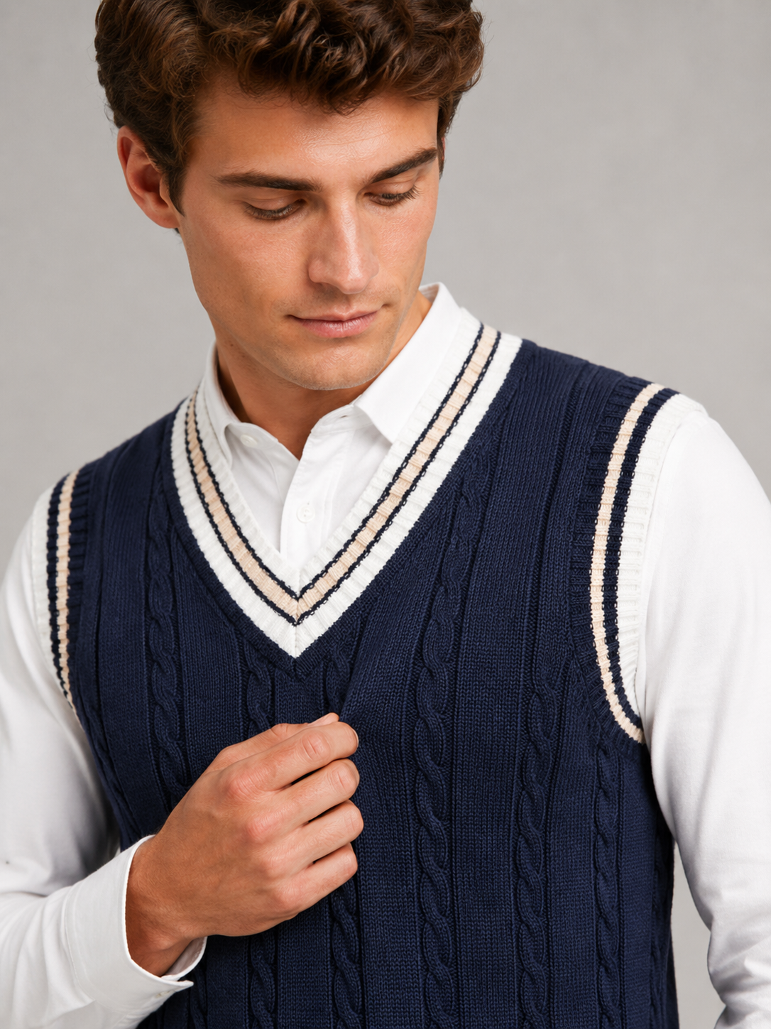 Close up of navy striped sweater vest showing thick knit texture and classic v neck detail