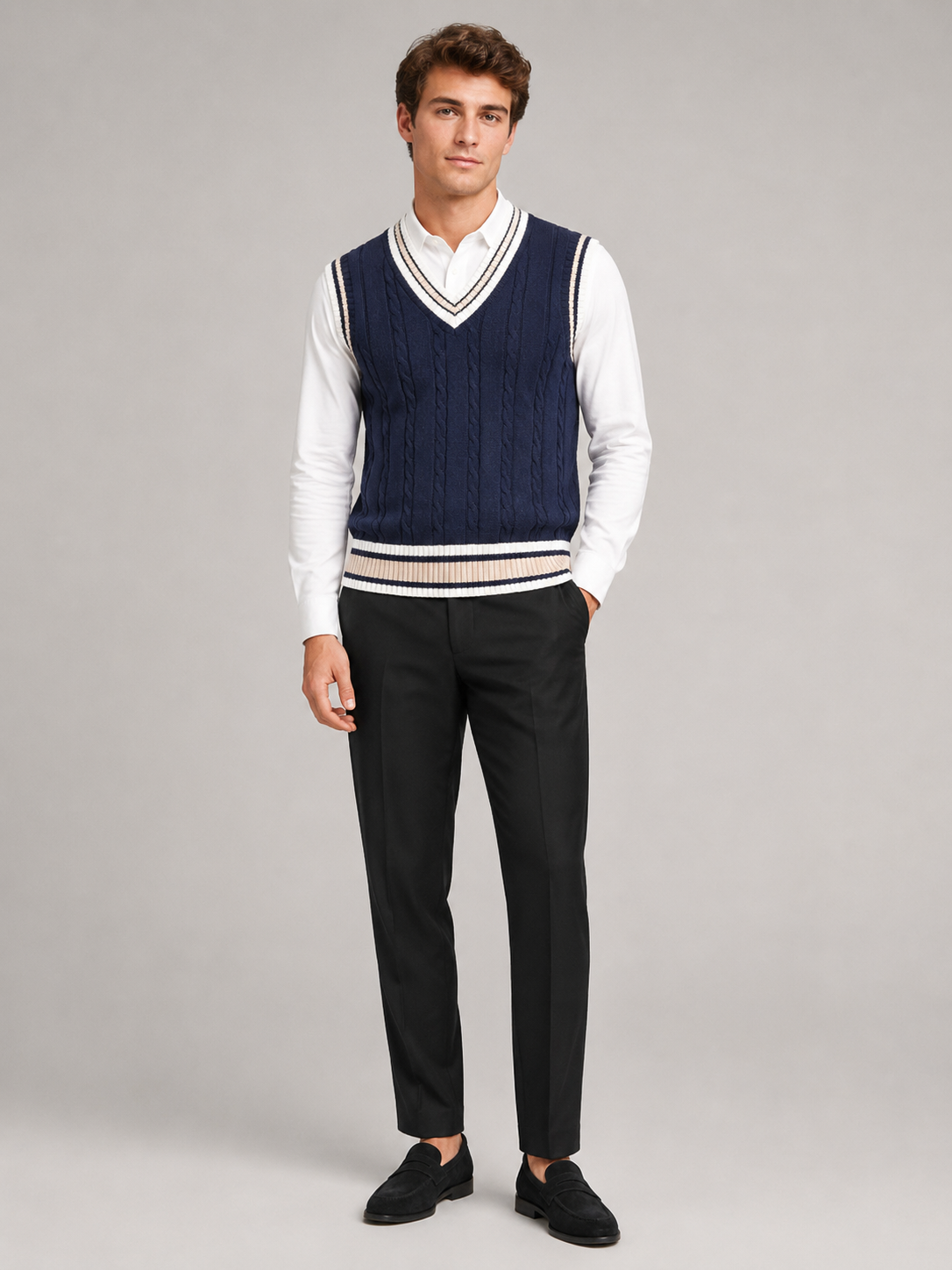 Navy striped v neck sweater vest for men warm knit layer for everyday wear