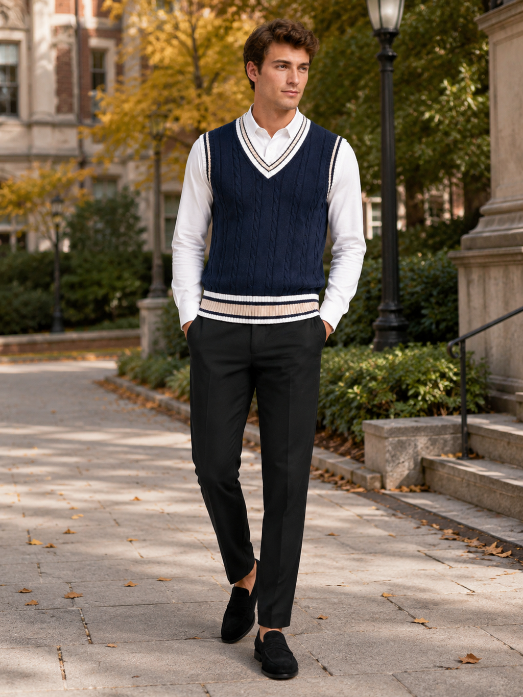 Man styling navy striped sweater vest in a classic preppy fall winter lifestyle outfit