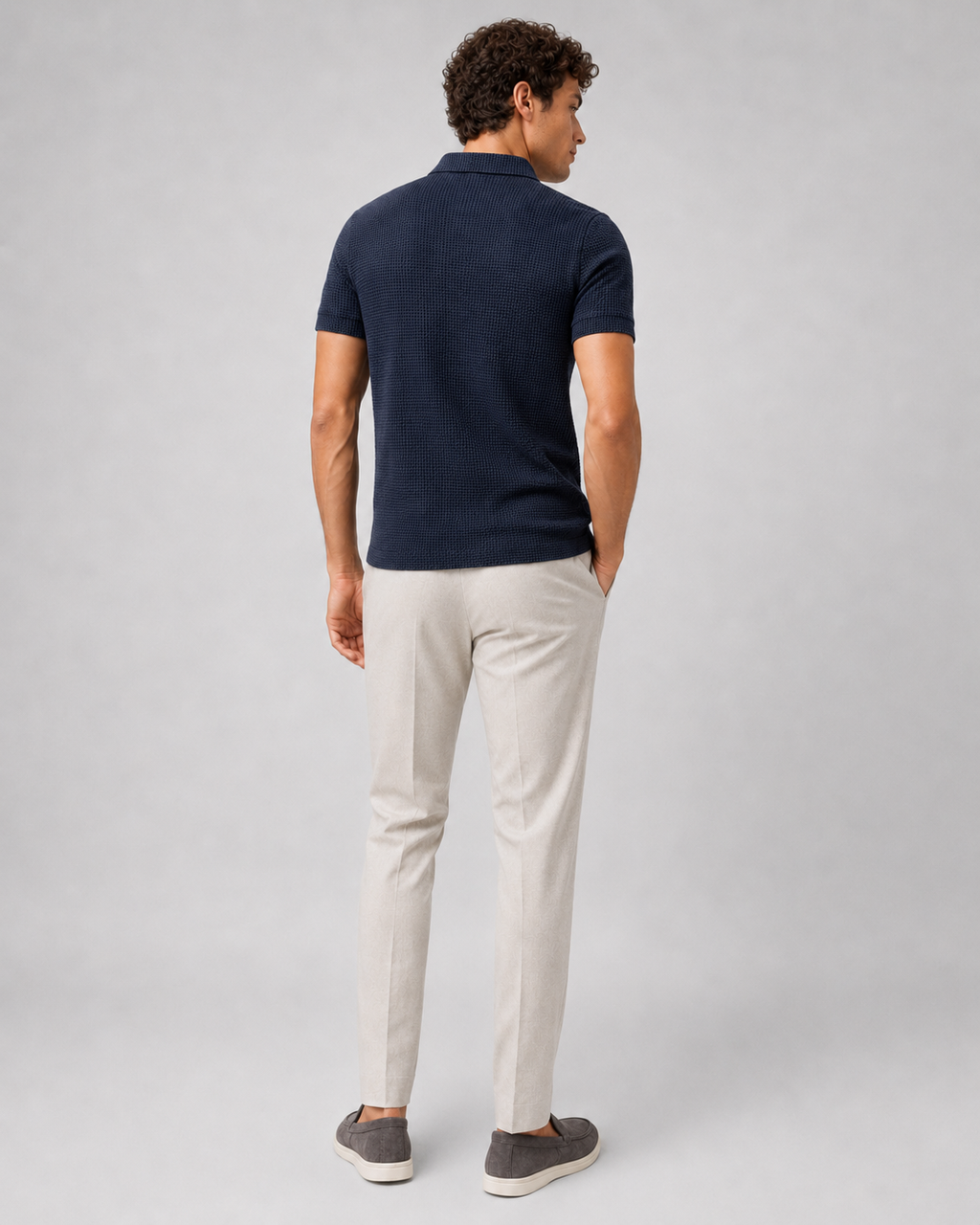 Navy lightweight textured polo shirt minimal classic top for smart casual style