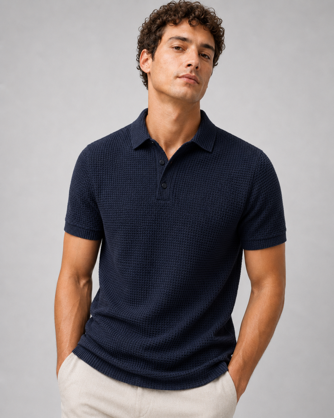 Men’s navy short sleeve knit polo with button placket refined summer business casual wear
