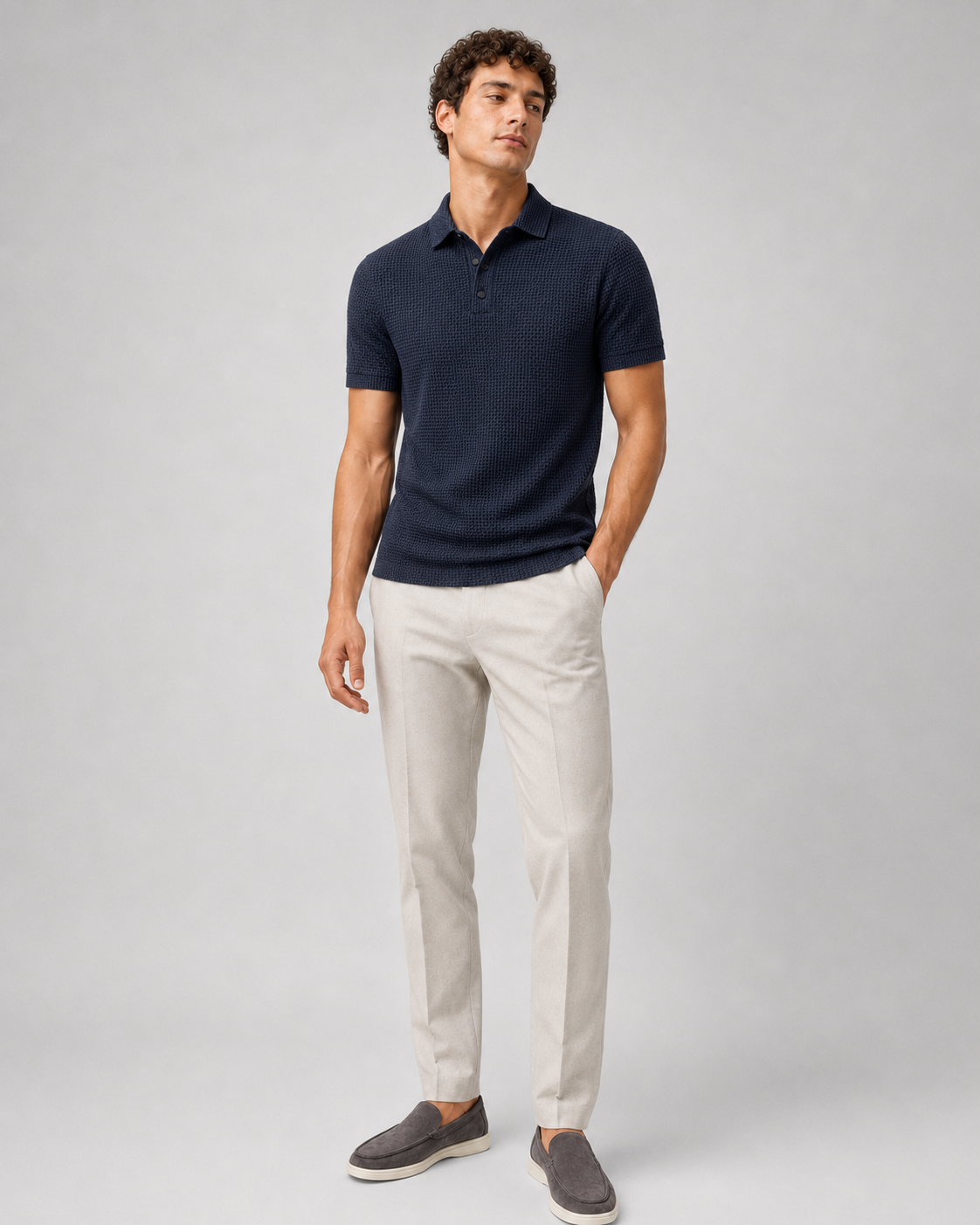 Navy textured knit polo shirt for men lightweight breathable smart casual everyday outfit