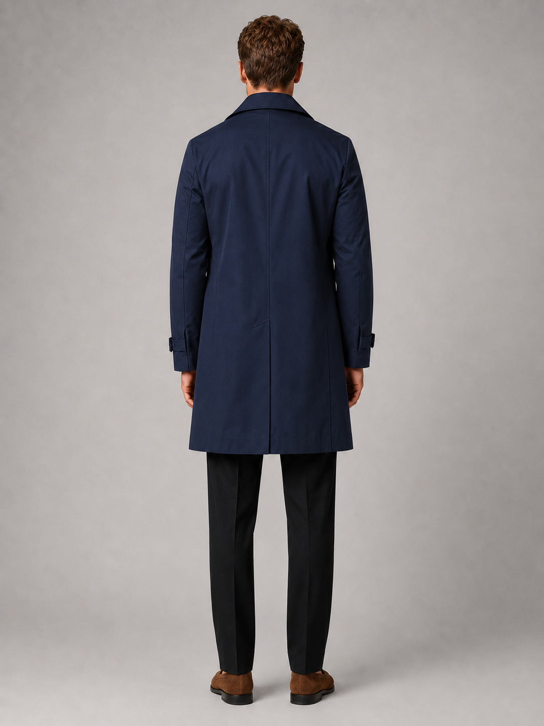 Men’s navy double breasted trench coat comfortable fall outerwear for casual and commuting outfits
