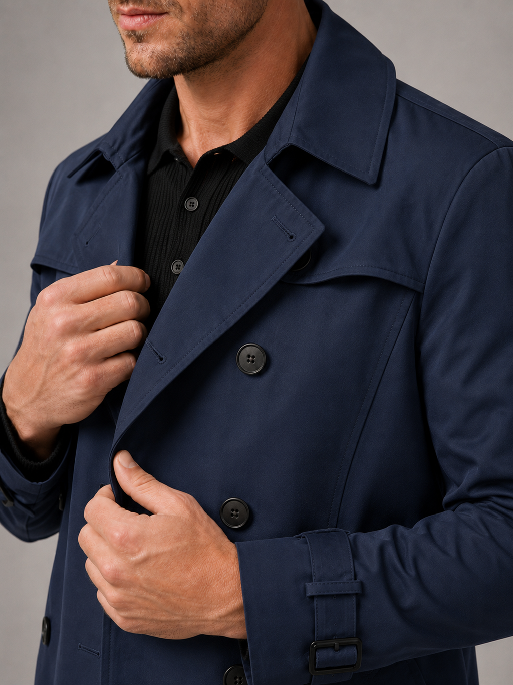 Close up of navy trench coat showing double breasted front, structured lapel, and premium fabric detail