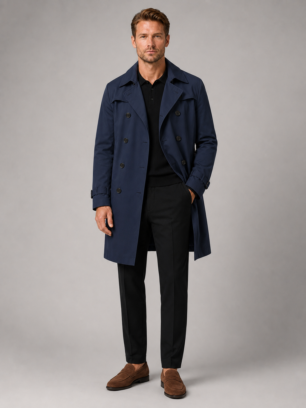 Navy knee length trench coat for men windproof long coat for outdoor and everyday wear