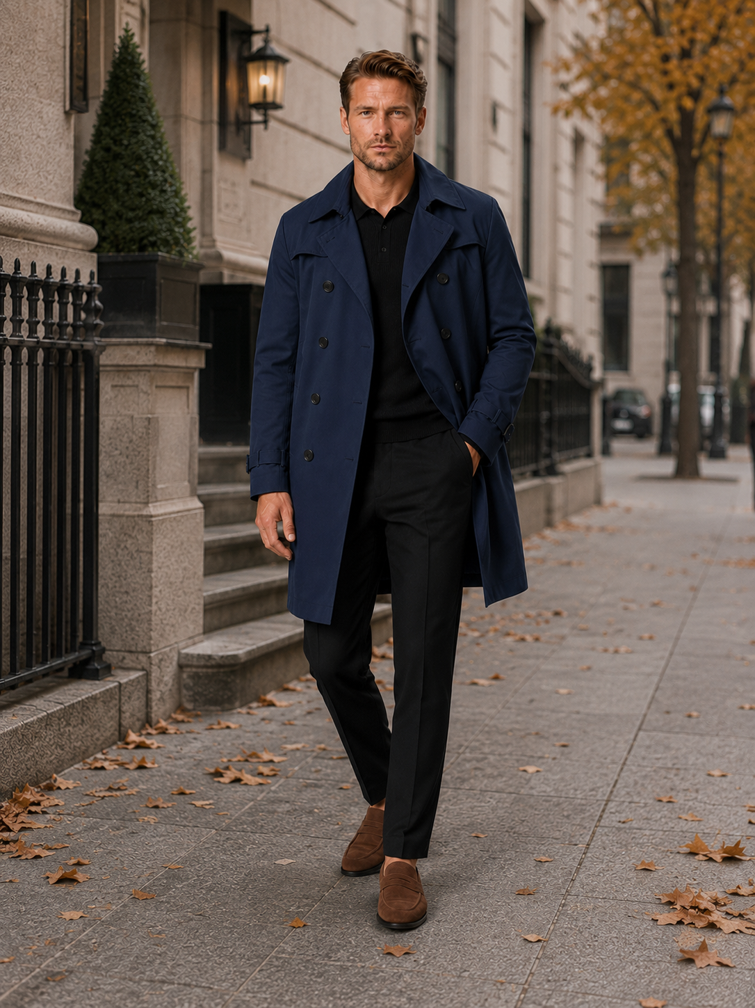 Man styling navy trench coat in a polished outdoor and everyday lifestyle outfit