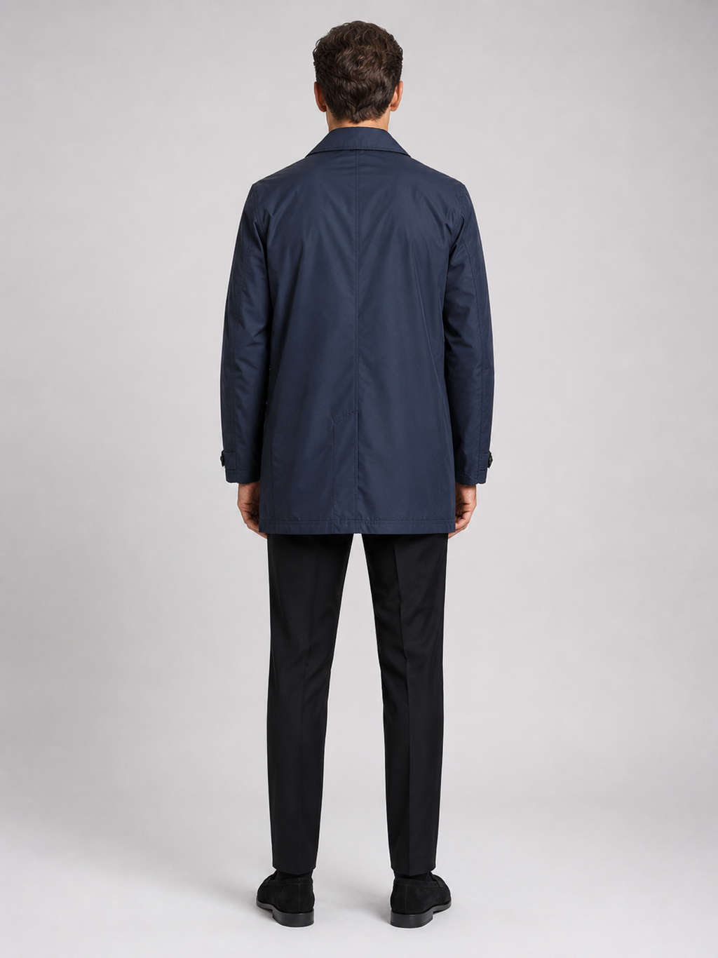 Men’s navy button up trench coat comfortable fall winter coat for office and commuting outfits