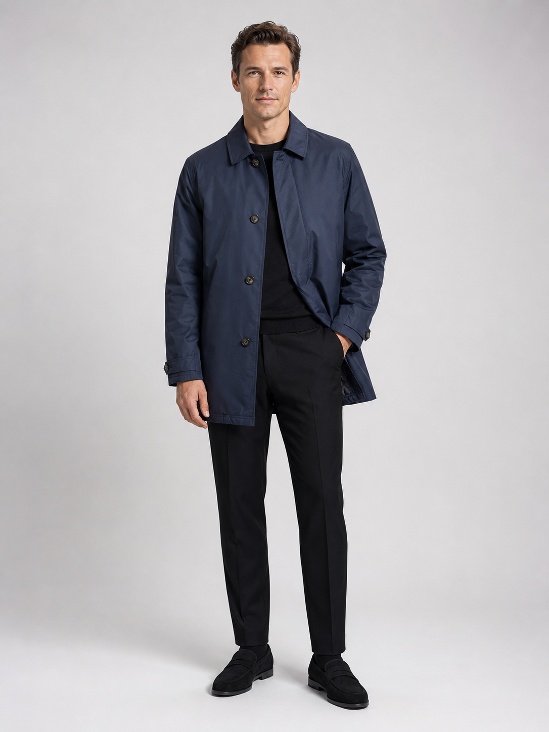 Navy medium length trench coat for men warm windproof outerwear for business casual and everyday wear