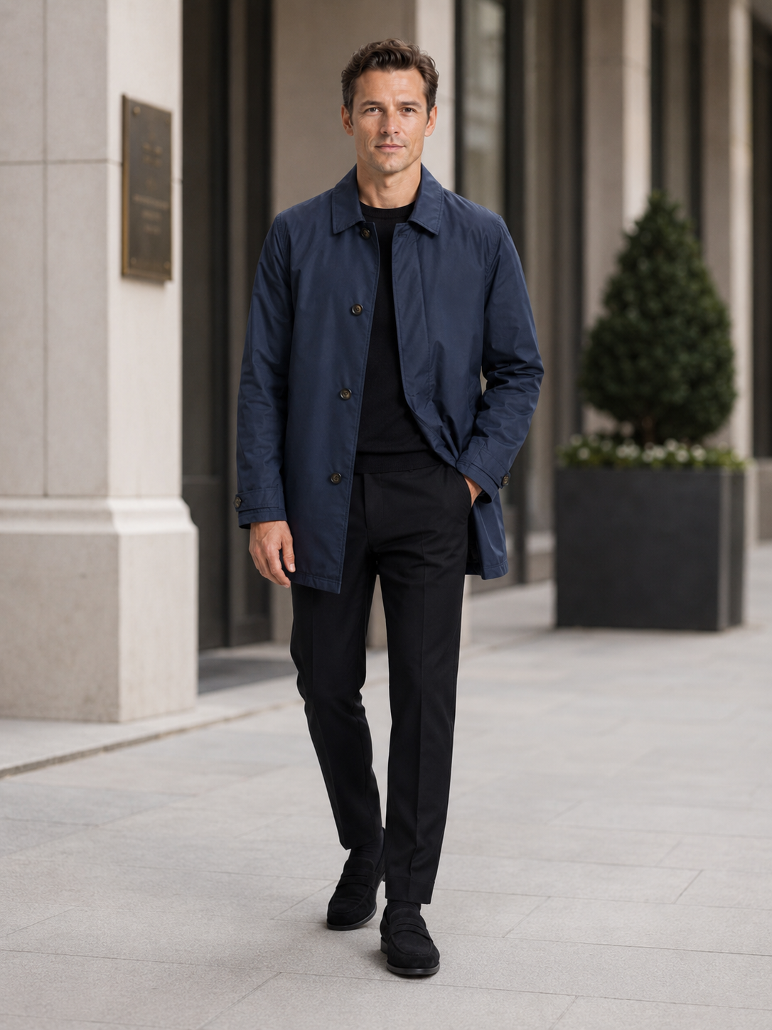 Man styling navy trench coat in a refined business casual and everyday lifestyle outfit