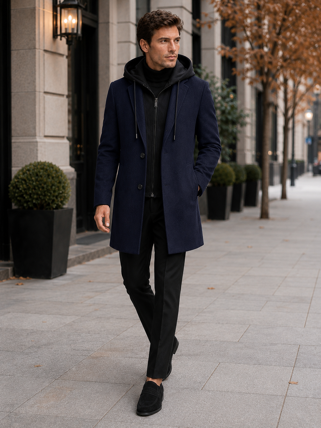 Lifestyle photo of a man wearing a navy wool hooded trench coat in a classic winter city setting, business casual and everyday style