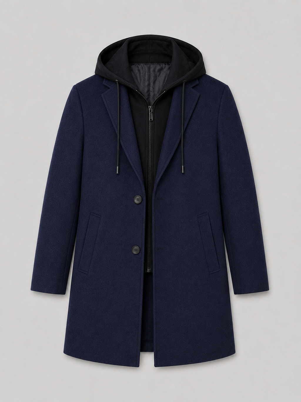Product photo of a navy wool hooded trench coat showing the full coat, structured silhouette, front closure, pockets, and warm fabric texture