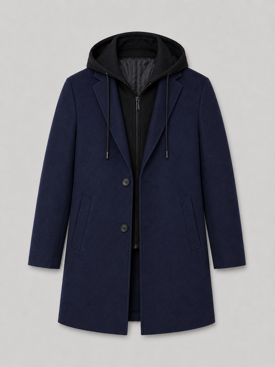 Product photo of a navy wool hooded trench coat showing the full coat, structured silhouette, front closure, pockets, and warm fabric texture