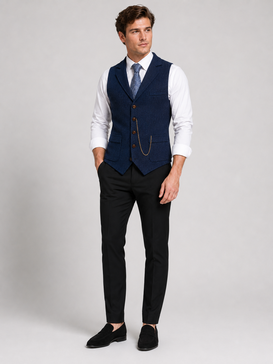Navy herringbone tweed vest for men tailored suit layer for party and wedding wear