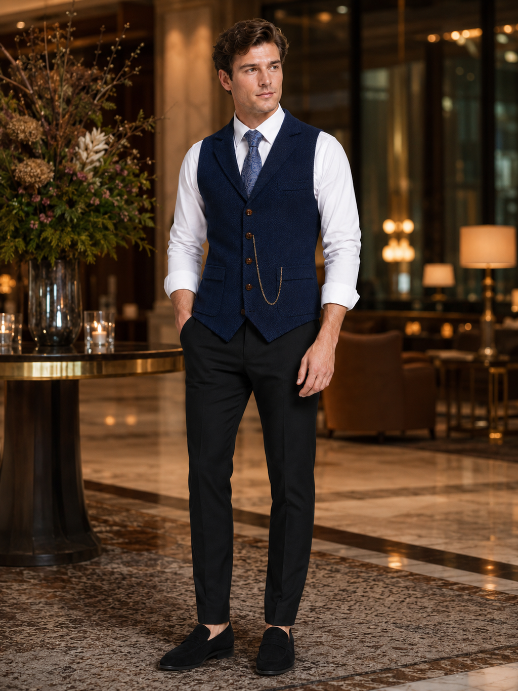 Man styling navy tweed vest in a polished wedding and business casual outfit