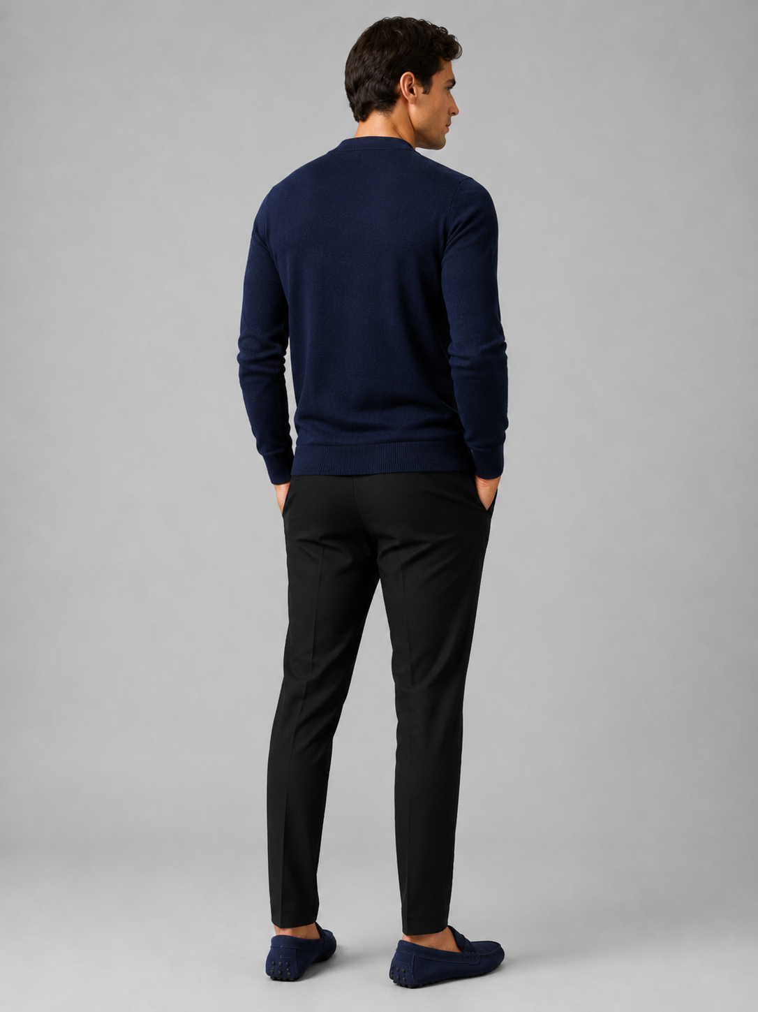 Men’s navy knit cardigan sweater comfortable long sleeve layer for business casual outfits