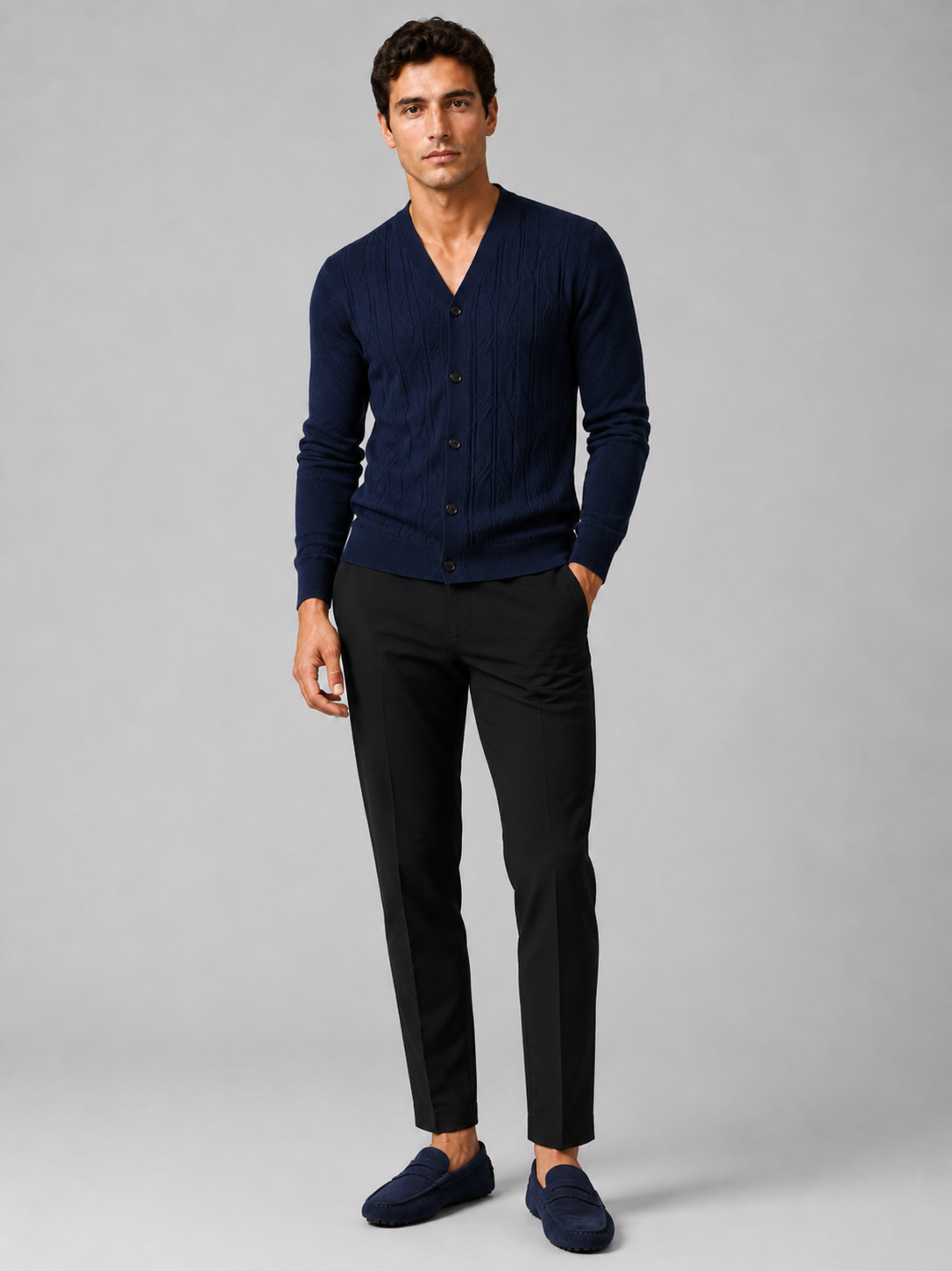 Navy v neck cardigan sweater for men slim fit layering piece for everyday wear
