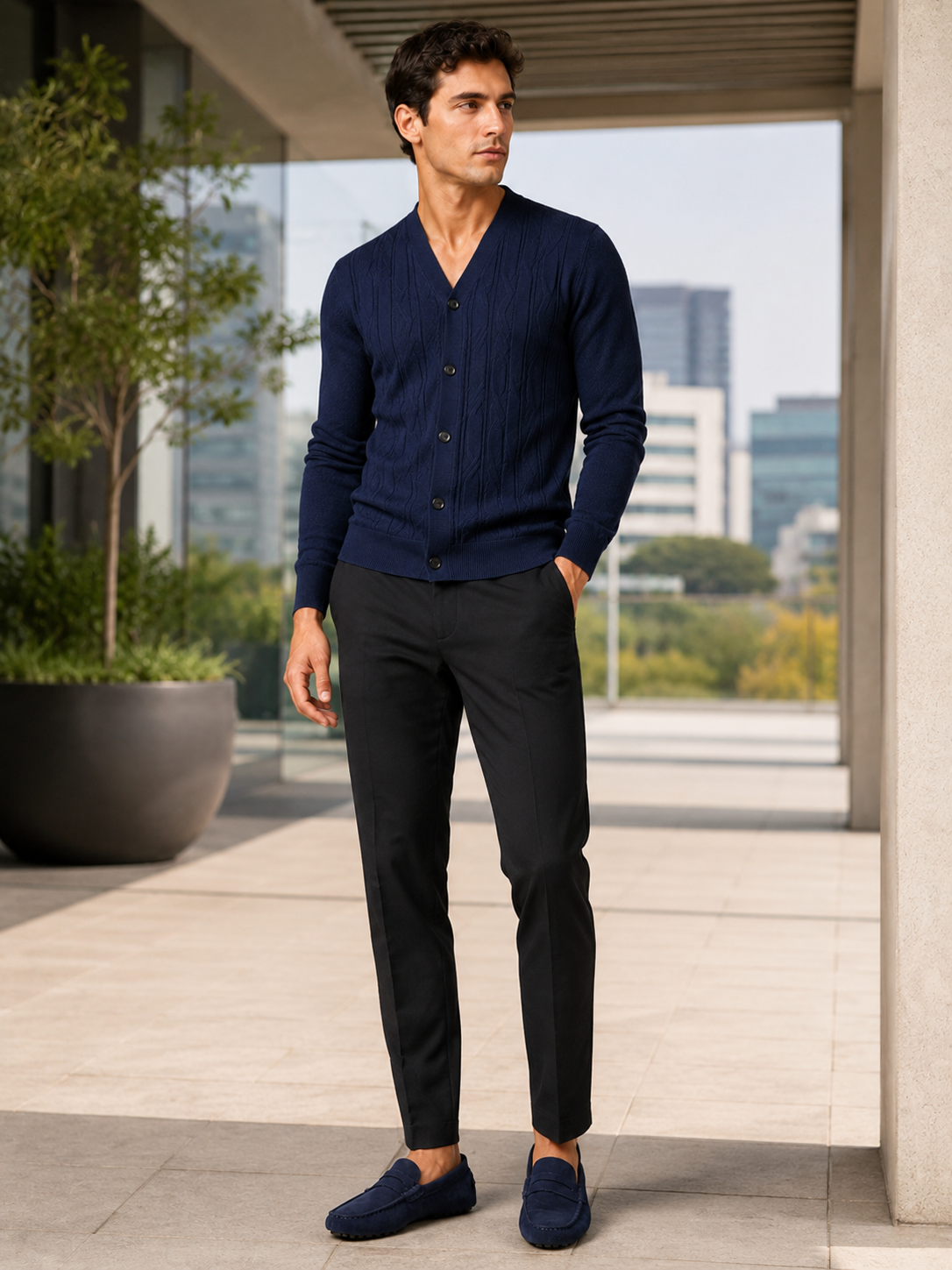 Man styling navy v neck cardigan sweater in a refined everyday smart casual outfit