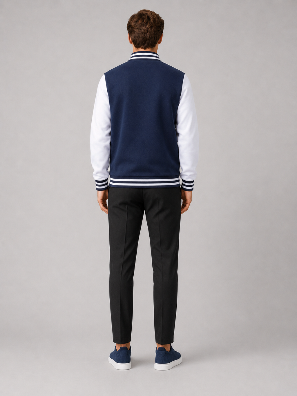 Men’s navy color block baseball jacket comfortable fall winter layer for classic casual outfits