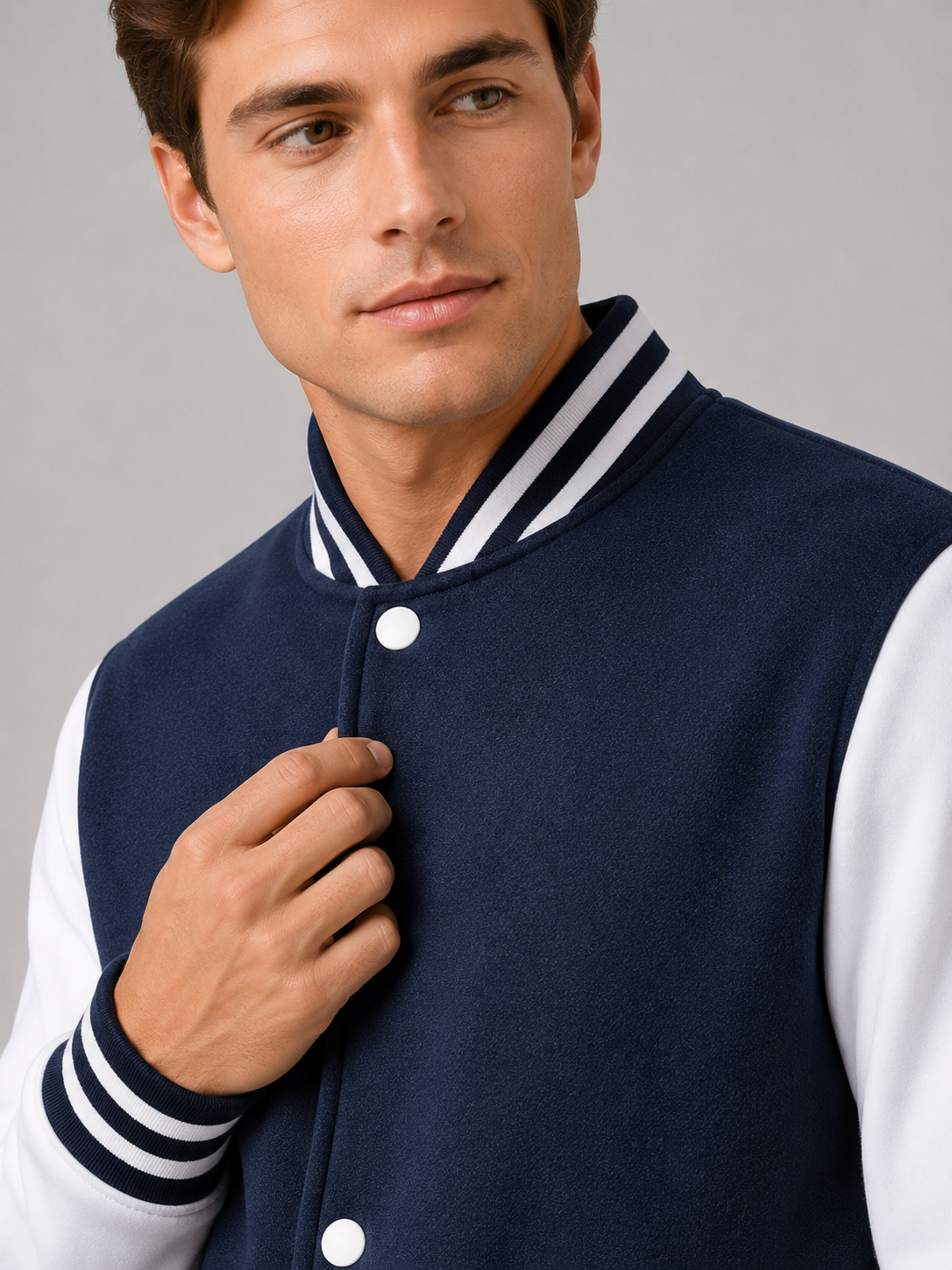 Close up of navy varsity jacket showing soft fleece lining, color block design, and snap button detail