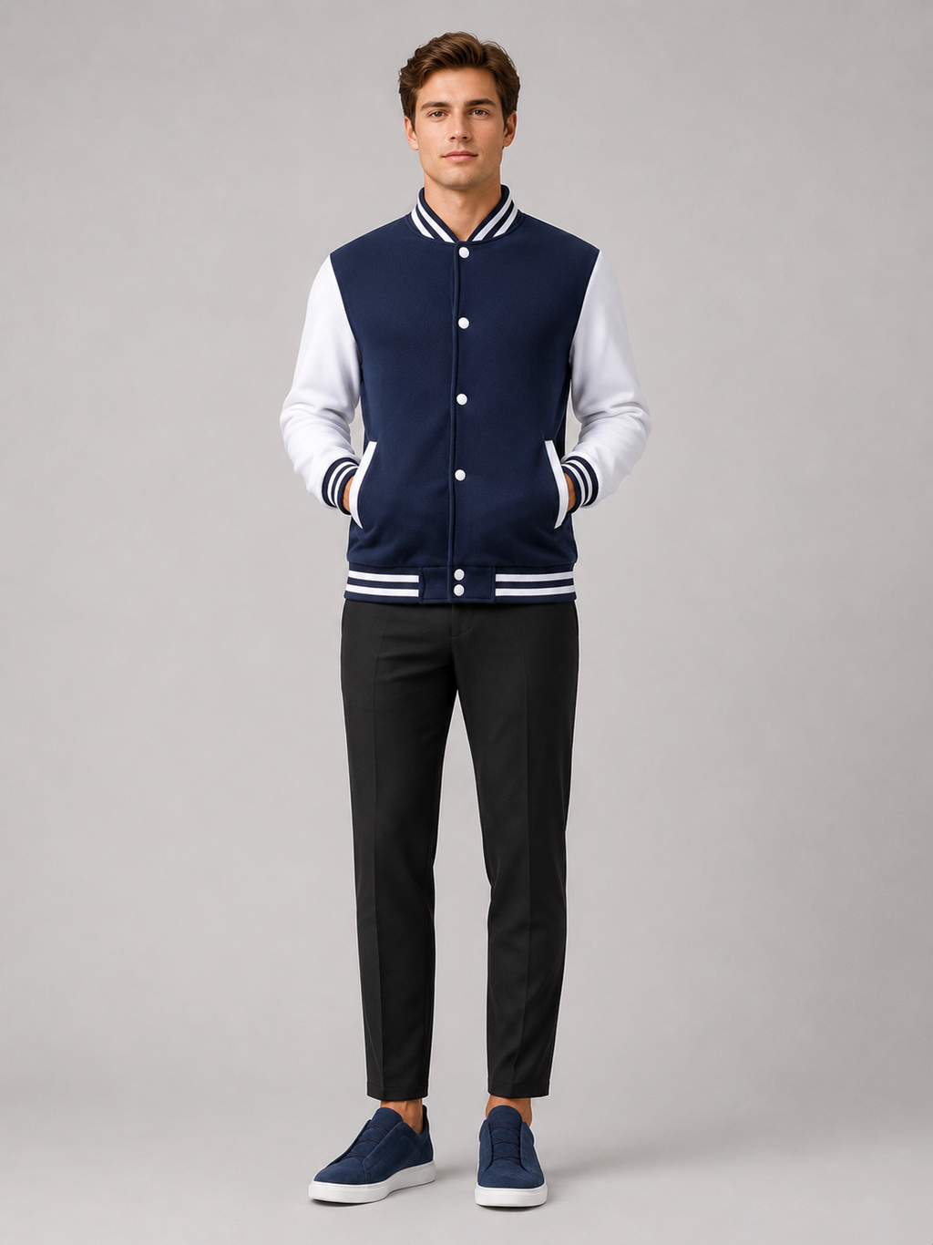 Navy fleece lined varsity jacket for men warm baseball outerwear for casual everyday wear