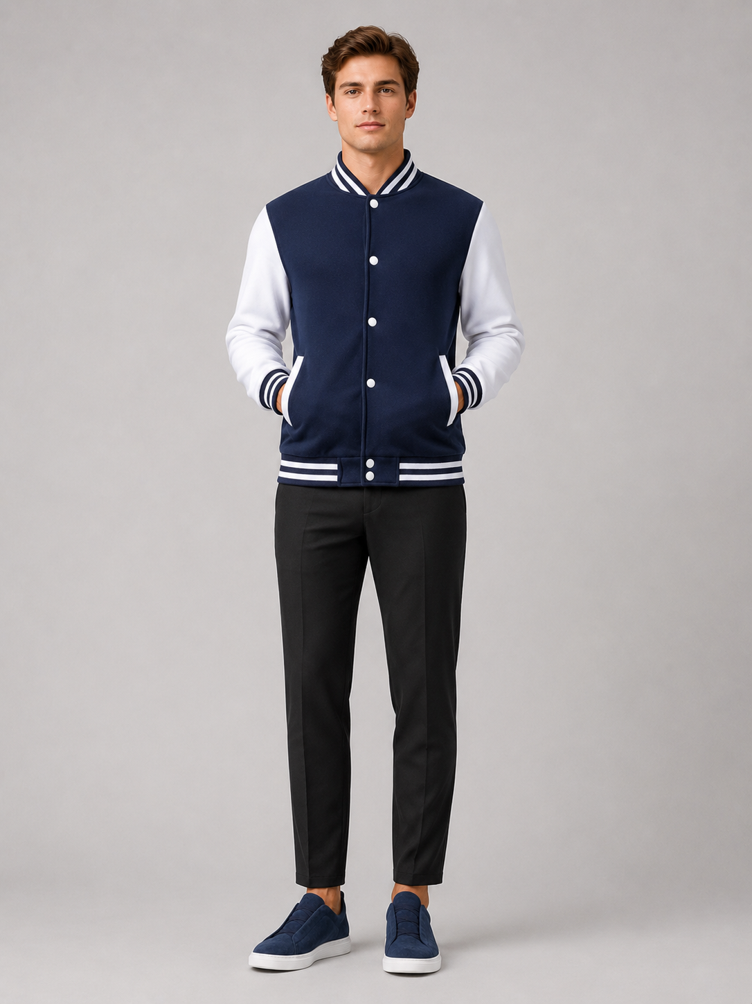 Navy fleece lined varsity jacket for men warm baseball outerwear for casual everyday wear