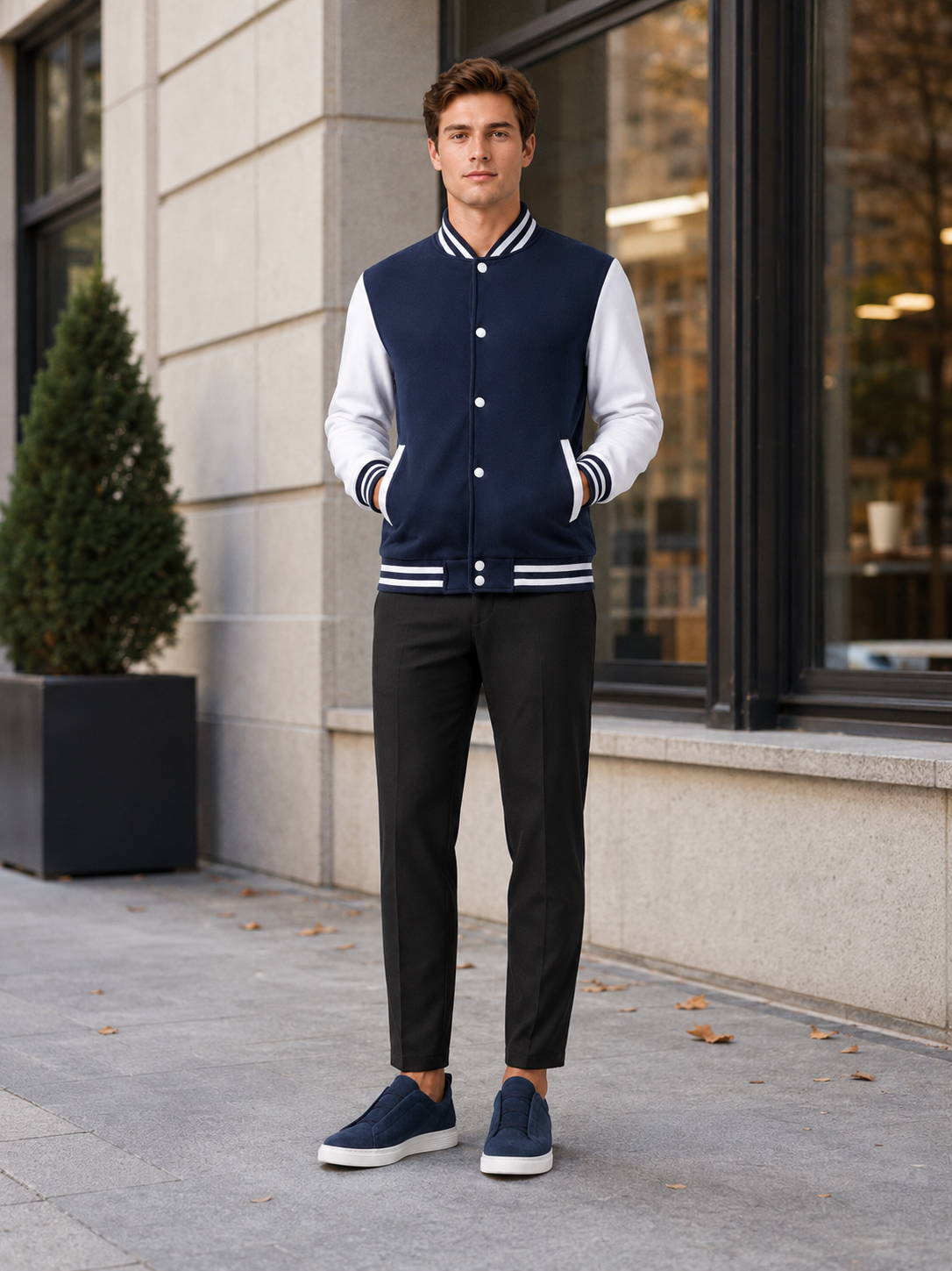 Man styling navy varsity jacket in a refined everyday and streetwear winter outfit