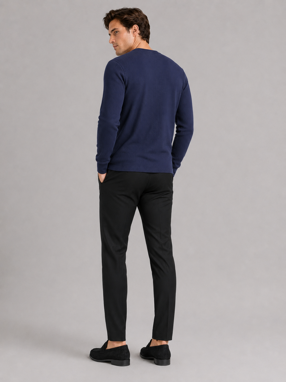 Men’s navy textured waffle knit top lightweight thermal layer for casual everyday outfits