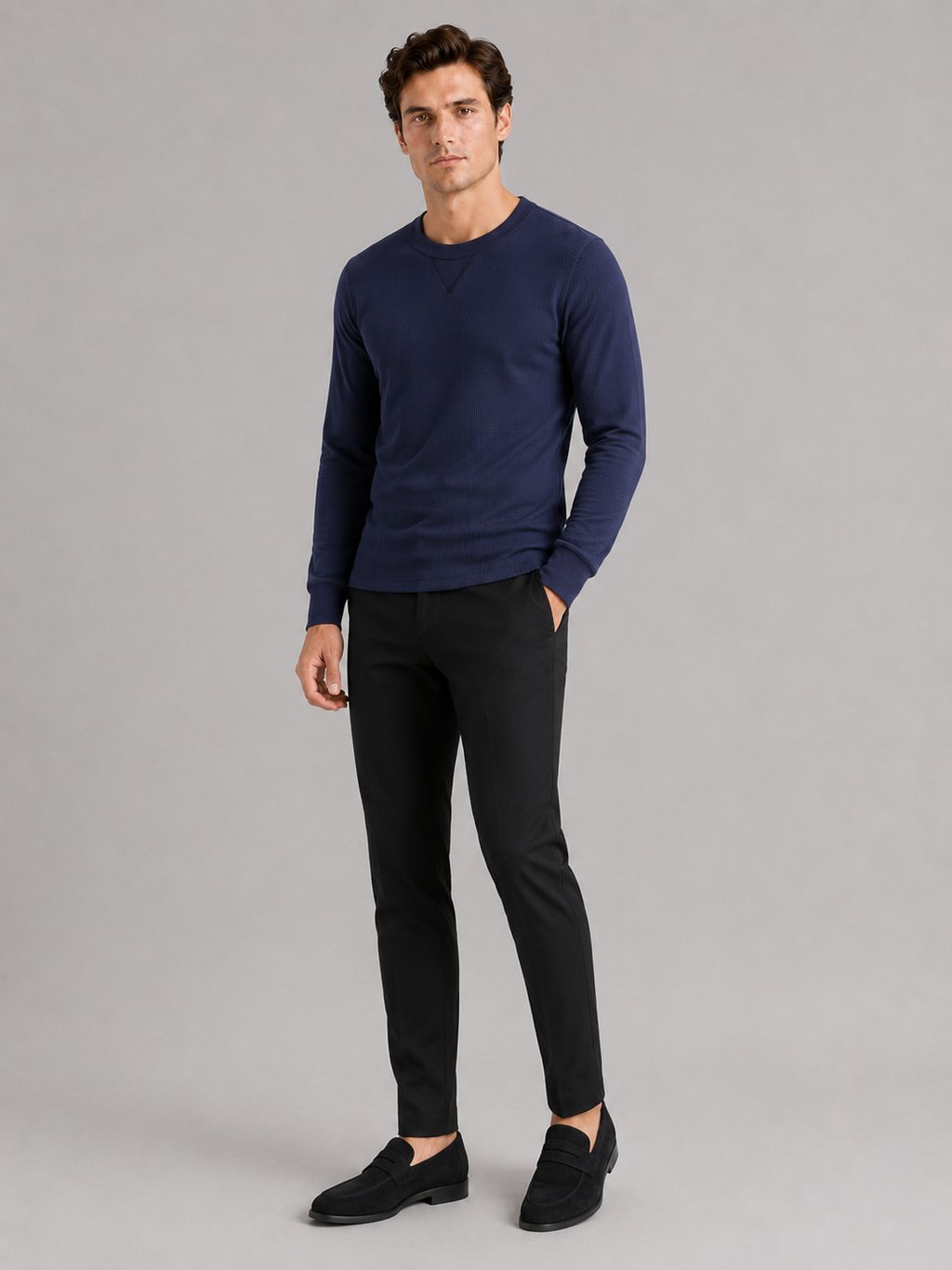 Navy waffle knit crewneck shirt for men comfortable long sleeve base layer for cooler weather