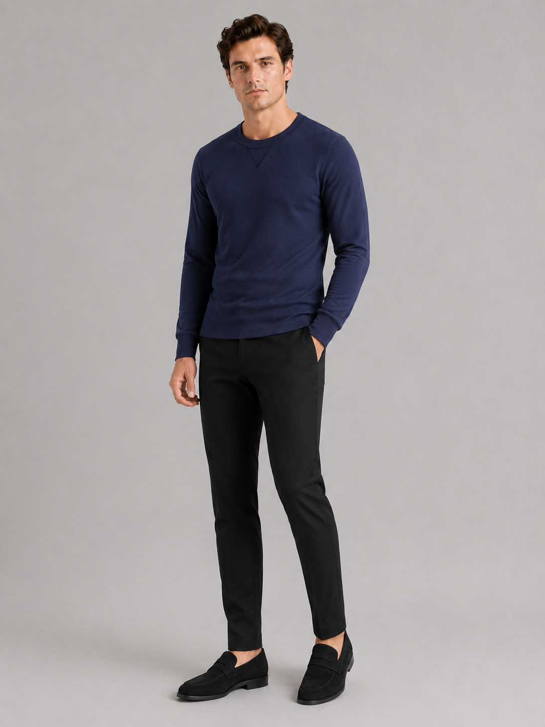 Navy waffle knit crewneck shirt for men comfortable long sleeve base layer for cooler weather