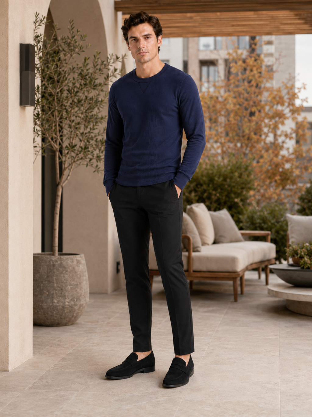 Man styling navy waffle knit shirt in a refined fall winter lifestyle outfit