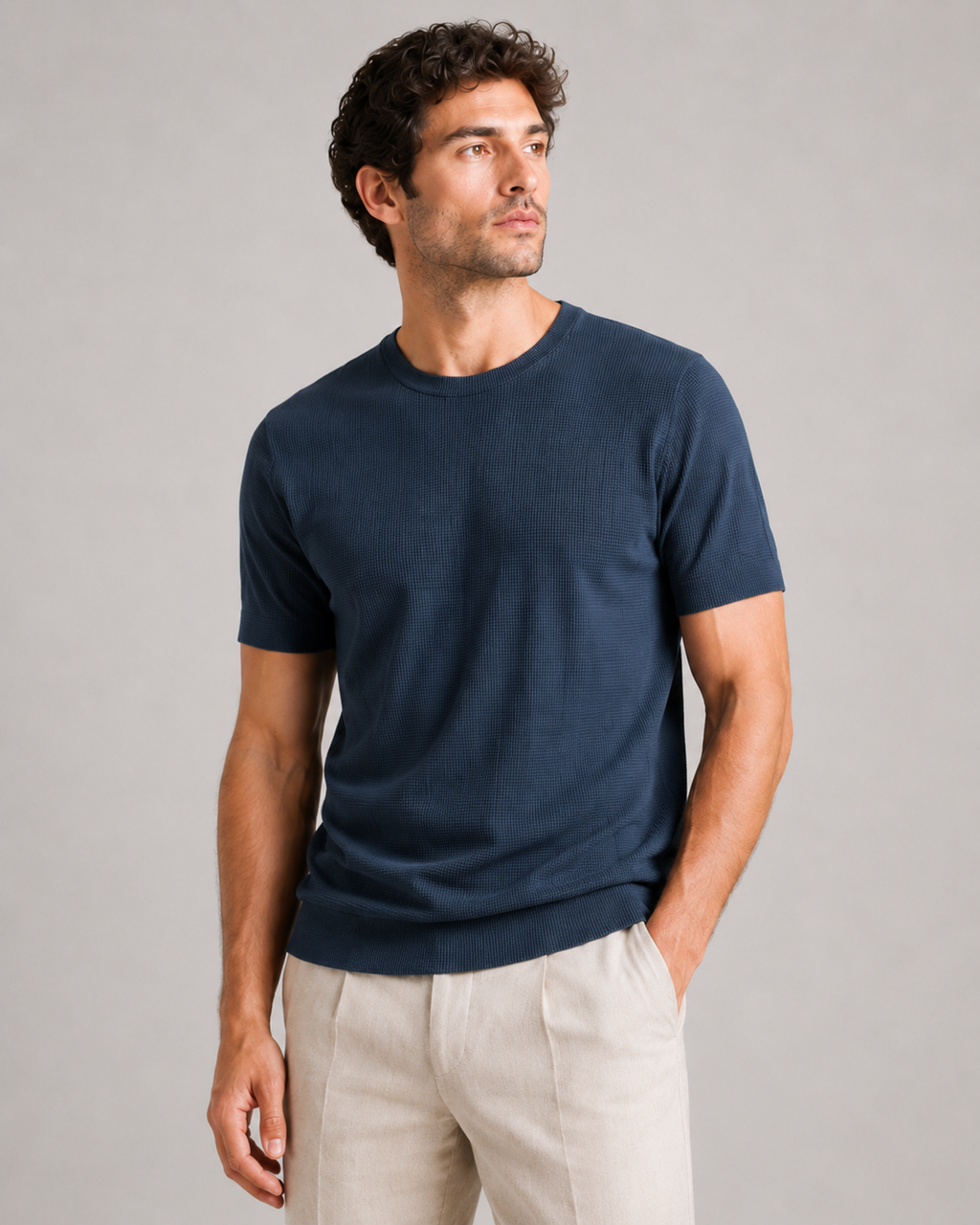 Navy waffle knit t shirt for men soft breathable textured fabric refined everyday outfit