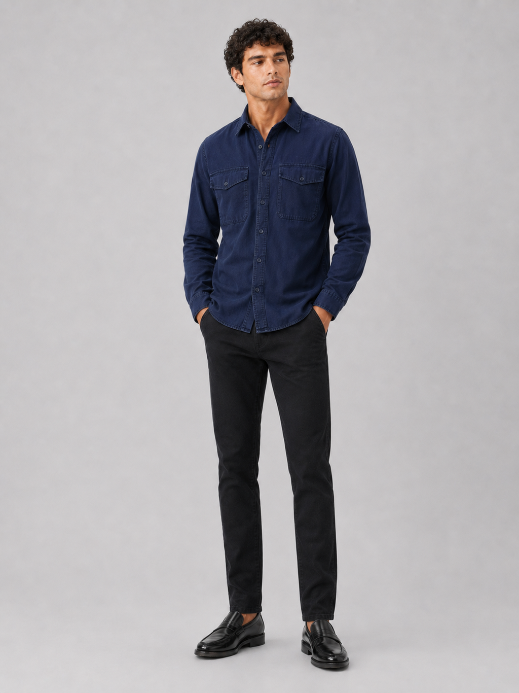 Navy long sleeve work shirt for men cotton button up with double chest pockets