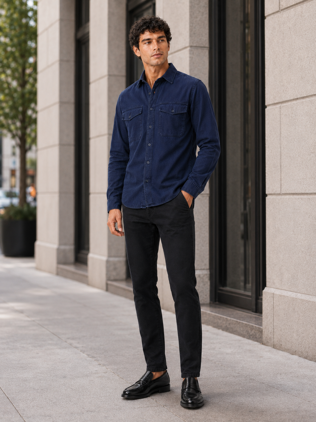 Man styling navy double pocket work shirt in a refined casual everyday outfit