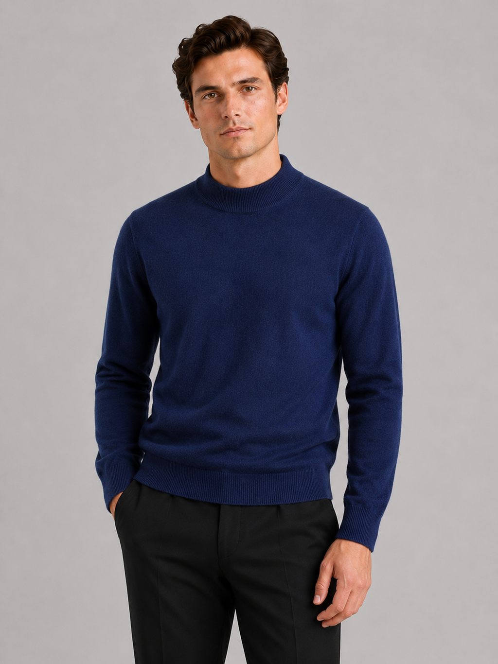 Men wearing navy 100 percent wool mock neck sweater warm solid color fall winter business casual style