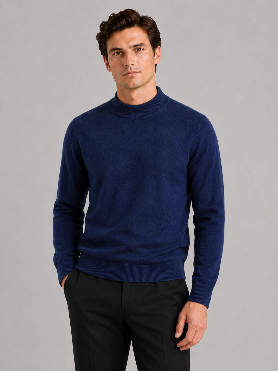Men wearing navy 100 percent wool mock neck sweater warm solid color fall winter business casual style