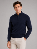 Men wearing navy 100 percent wool half zip mock neck sweater thick thermal fall winter style