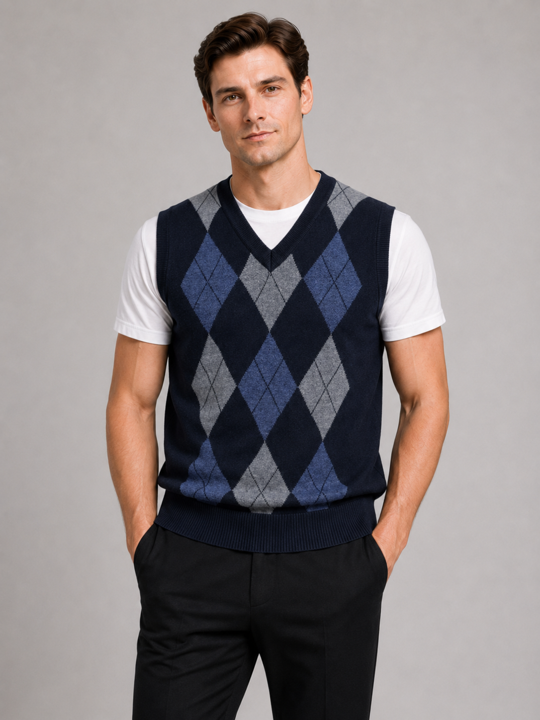 Men wearing navy argyle sweater vest v neck slim fit knit fall winter business casual style 